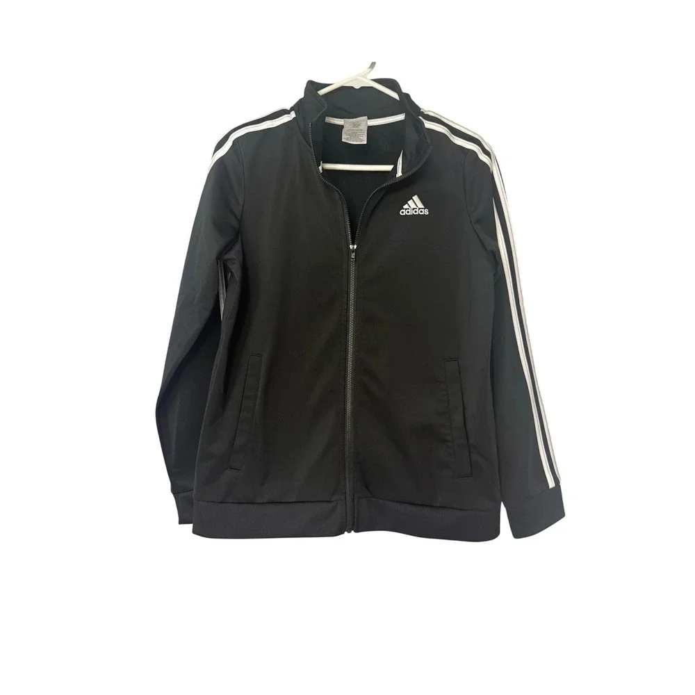 Kids Adidas Black Track Jacket White Stripes Zip Front Athleisure L 14-16 - Picture 1 of 7